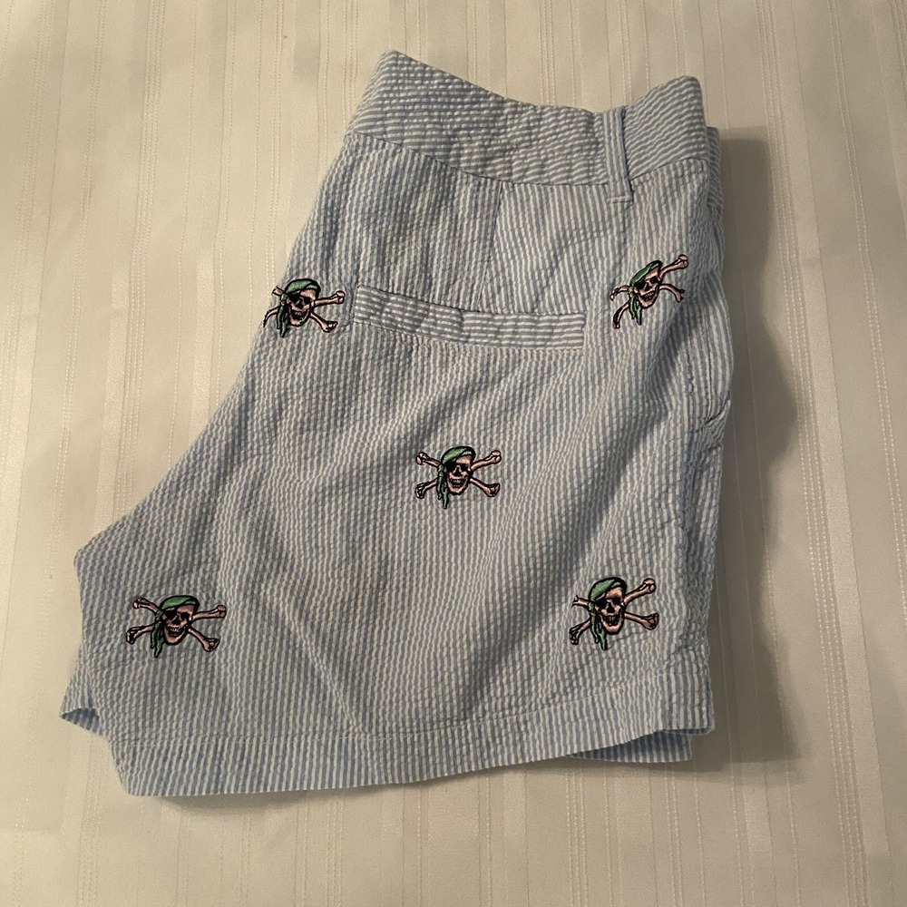 Castaway Clothing Light Green Seersucker Striped Skull 4" Shorts, Size - Picture 3 of 4